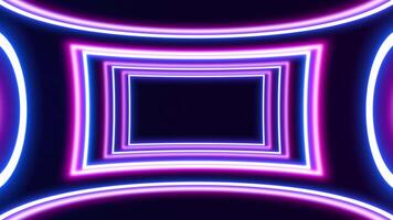 Neon glowing square tunnel with fast moving blue light lines. Background futuristic corridor with neon lights. Seamless loop 3d rendering, modern neon light video