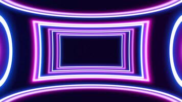 Neon glowing square tunnel with fast moving blue light lines. Background futuristic corridor with neon lights. Seamless loop 3d rendering, modern neon light video