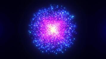 astratto il giro sfera di brillante rosa e blu particelle di magico splendore su un' buio sfondo, energia palla di luminosa punti, movimento di un' sferico sfera. senza soluzione di continuità looping 4k video. video