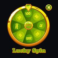 Golden and green fortune wheel spin machine. Casino banner design element for UI. vector