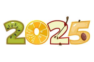 Fruta 2025 para calendario diseño. dibujos animados 2025 desde Fruta números en vector. verano temporada vector