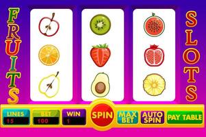 el espacio máquina con fruta, casino juego activo. juego ui iconos, y botones colocar. diseño juego interfaz elementos, bienes y suerte símbolos para móvil jugar aplicación o espacio máquina vector. vector