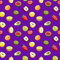 Seamless pattern with half fruits and berries on violet Vector background.