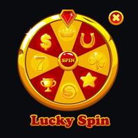 Golden and red fortune wheel spin machine with set icons. Casino banner design element for UI. vector