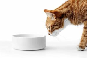 AI generated cat near white ceramic bowl pet food for mockup . AI generative photo