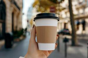 ai generado mano persona sostener caliente bebida desechable blanco papel café taza mangas en aislado antecedentes. generativo ai. foto