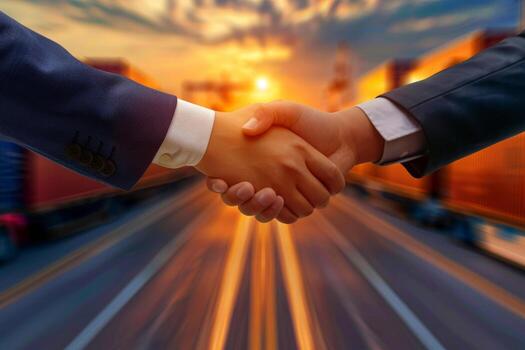 AI generated businessman handshake of business deal with logistic. Generative AI. photo