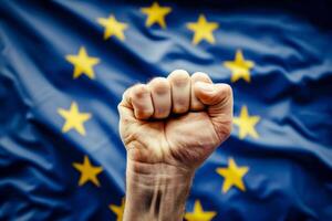 AI generated Clenched fist raised in front of the European Union flag. ai generative photo