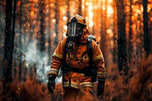 AI generated Firefighter in the middle of forest fire, generative AI. photo