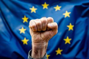 AI generated Clenched fist raised in front of the European Union flag. ai generative photo