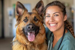 AI generated veterinarian doctor holding dog in veterinary clinic, generative ai. photo