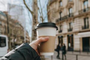 ai generado mano persona sostener caliente bebida desechable blanco papel café taza mangas en aislado antecedentes. generativo ai. foto