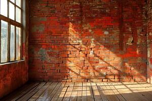 ai generado rojo ladrillo pared textura y madera piso fondo, generativo ai foto