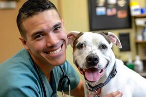 AI generated veterinarian doctor holding dog in veterinary clinic, generative ai. photo