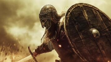 AI generated Ancient Viking warrior with a sword and shield. Generative AI photo