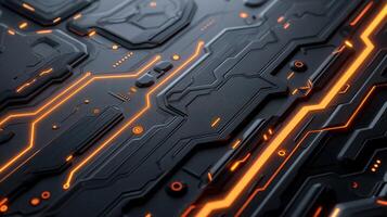 AI generated Black technology chip surface with orange neon lines abstract background. Generative AI photo