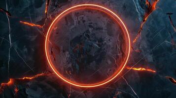 AI generated Dark grunge marble background and orange glowing neon circle frame. Generative AI photo