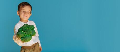 A studio shot of a boy holding fresh broccoli on a blue background with a copy of the space. The concept of healthy baby food. photo