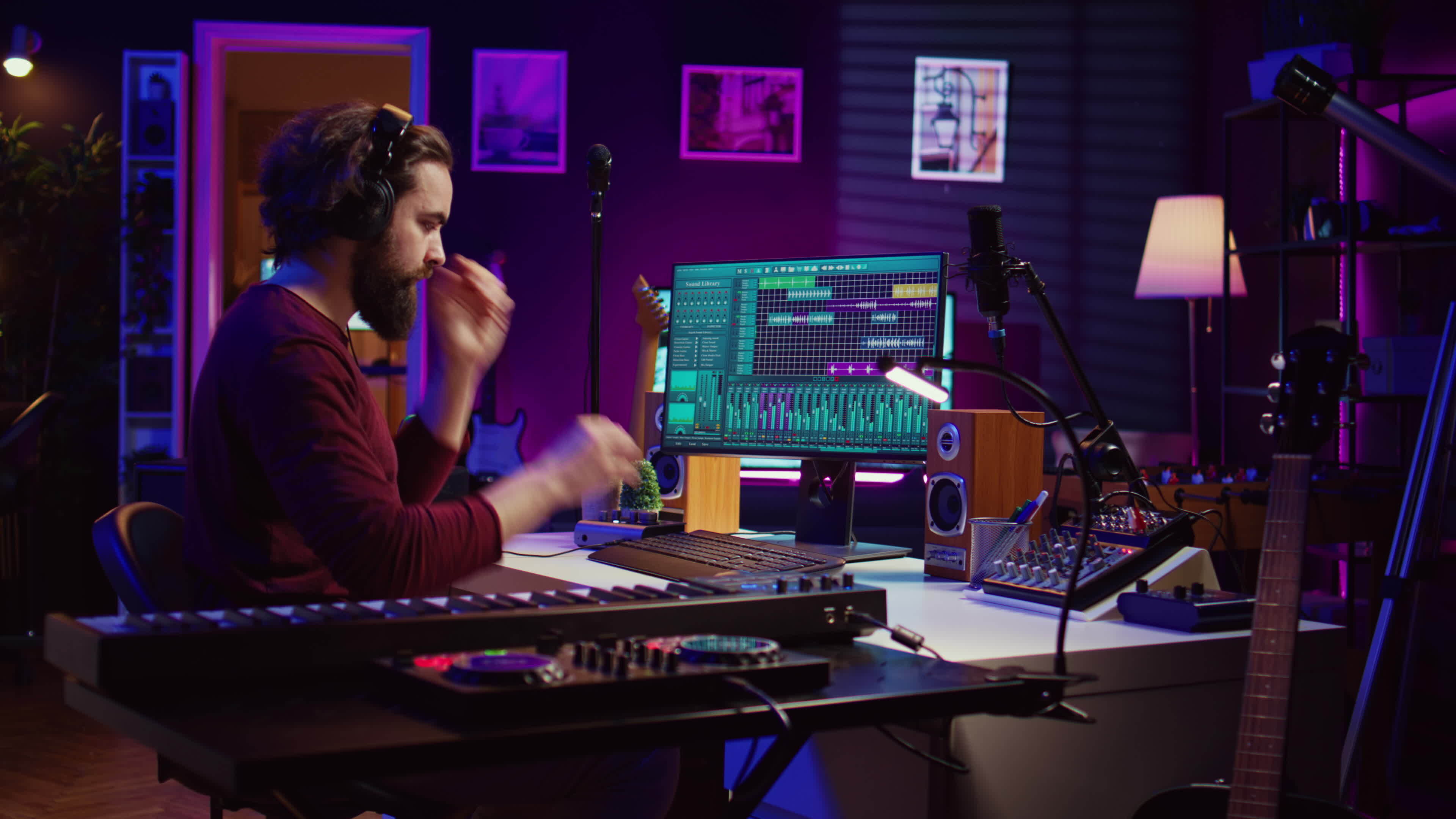 Audio engineer working at home music studio with daw software and