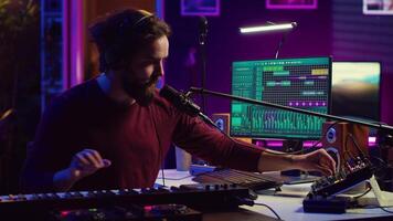 geluid ingenieur drukken sleutels van elektrisch synthesizer en opname nieuw muziek, aanpassen lawaai niveau. artiest het zingen lied Aan microfoon, werken met menging bord in huis studio. camera a. video