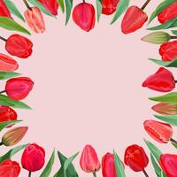 Square frame of red tulips on a pink background vector