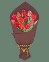 A bouquet of red tulips in brown paper with a gold chain, lock and key on a dark green background vector