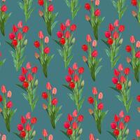 Seamless pattern with bouquets of red tulips on a blue background vector