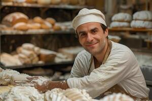 ai generado masculino panadero trabajando en panadería. ai generado foto