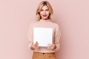 AI generated Woman holding blank magazine on light background. AI Generated photo