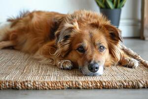 AI generated Cute relaxed dog lying on cool mat in hot day , white wall background, summer heat. ai generated photo