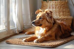 AI generated Cute relaxed dog lying on cool mat in hot day , white wall background, summer heat. ai generated photo