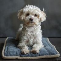 AI generated Cute relaxed dog lying on cool mat in hot day , white wall background, summer heat. ai generated photo