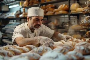 AI generated male baker working in bakery. ai generated photo