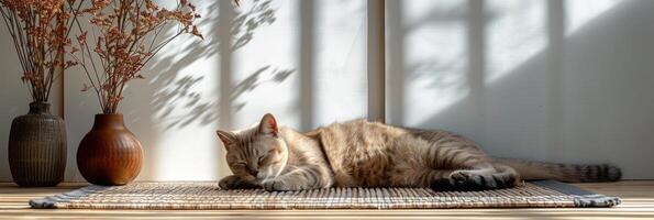 AI generated Cute relaxed cat lying on cool mat in hot day , white wall background, summer heat. ai generated photo
