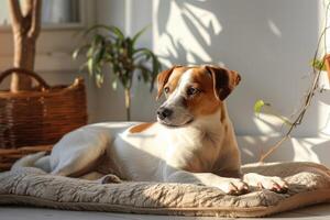 AI generated Cute relaxed dog lying on cool mat in hot day , white wall background, summer heat. ai generated photo