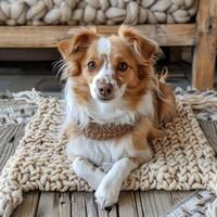 AI generated Cute relaxed dog lying on cool mat in hot day , white wall background, summer heat. ai generated photo