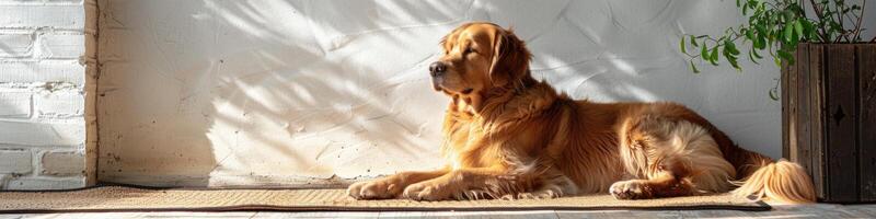 AI generated Cute relaxed dog lying on cool mat in hot day , white wall background, summer heat. ai generated photo