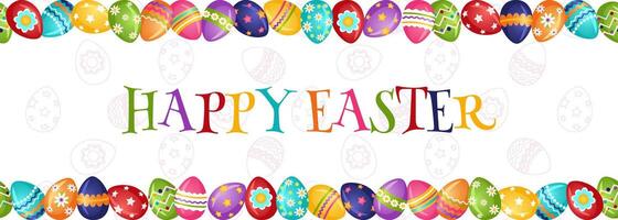 Happy easter background with colorful easter eggs. Horizontal decorative easter banner with painted eggs. Vector illustration.