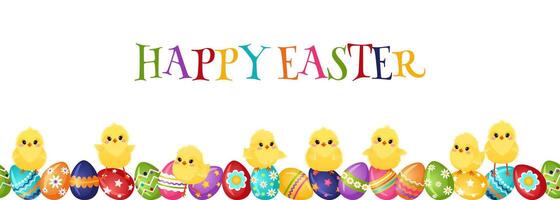 Pascua de Resurrección saludo antecedentes con pintado huevos y gracioso pollos sin costura Pascua de Resurrección para niños decoración. vector ilustración.