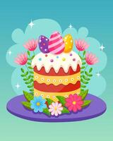 Easter cake decorated with painted eggs and flowers. Christian symbol of the spring holiday of Easter. Greeting card, poster, holiday background. Vector illustration.