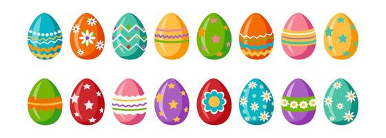 Bright decorated Easter eggs. A collection of eggs of different colors and patterns. Religious symbol of Happy Easter celebration. Design element for postcard. Vector illustration.