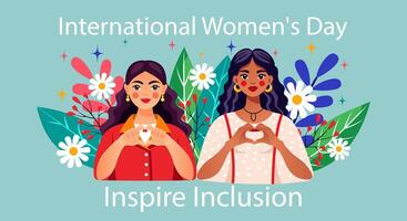 Banner for International Womens Day with slogan Inspire Inclusion. Background IWD 2024 campaign showing women of different nationalities showing a heart gesture with their hands. Vector illustration.