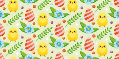 Seamless Easter pattern with painted eggs, chickens, spring flowers. The cheerful Easter design for background, find paper, wallpaper, fabric. Vector illustration.