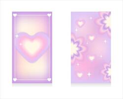 Collection of abstract gradient backgrounds. Soft blurred template with y2k heart, flowers for social media stories. Glamorous aesthetics of the year 2000. Pastel shades. Vector illustration.