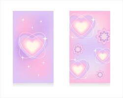 Set of gradient pink and purple blurred backgrounds in pastel colors. Story background with blurred y2k hearts with linear orbits, stars. Social networking concept. Vector illustration.