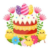 Easter cake with eggs flowers and chickens. Traditional symbols of Happy Easter celebration. Background for poster, postcard, banner. Vector illustration.