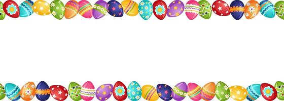 Frame made of colorful bright Easter eggs. Horizontal seamless Easter decor with painted eggs. Vector illustration.