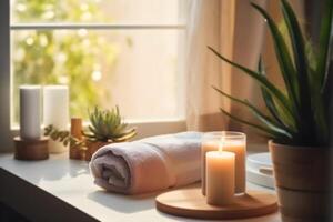 AI generated Candle and Towels on Window Sill in bathroom. AI generated photo