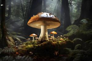 AI generated Group of Mushrooms in Forest. AI generated photo