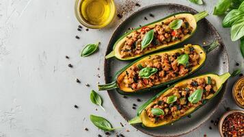 AI generated Plate with meat stuffed zucchini boats on light background. AI photo